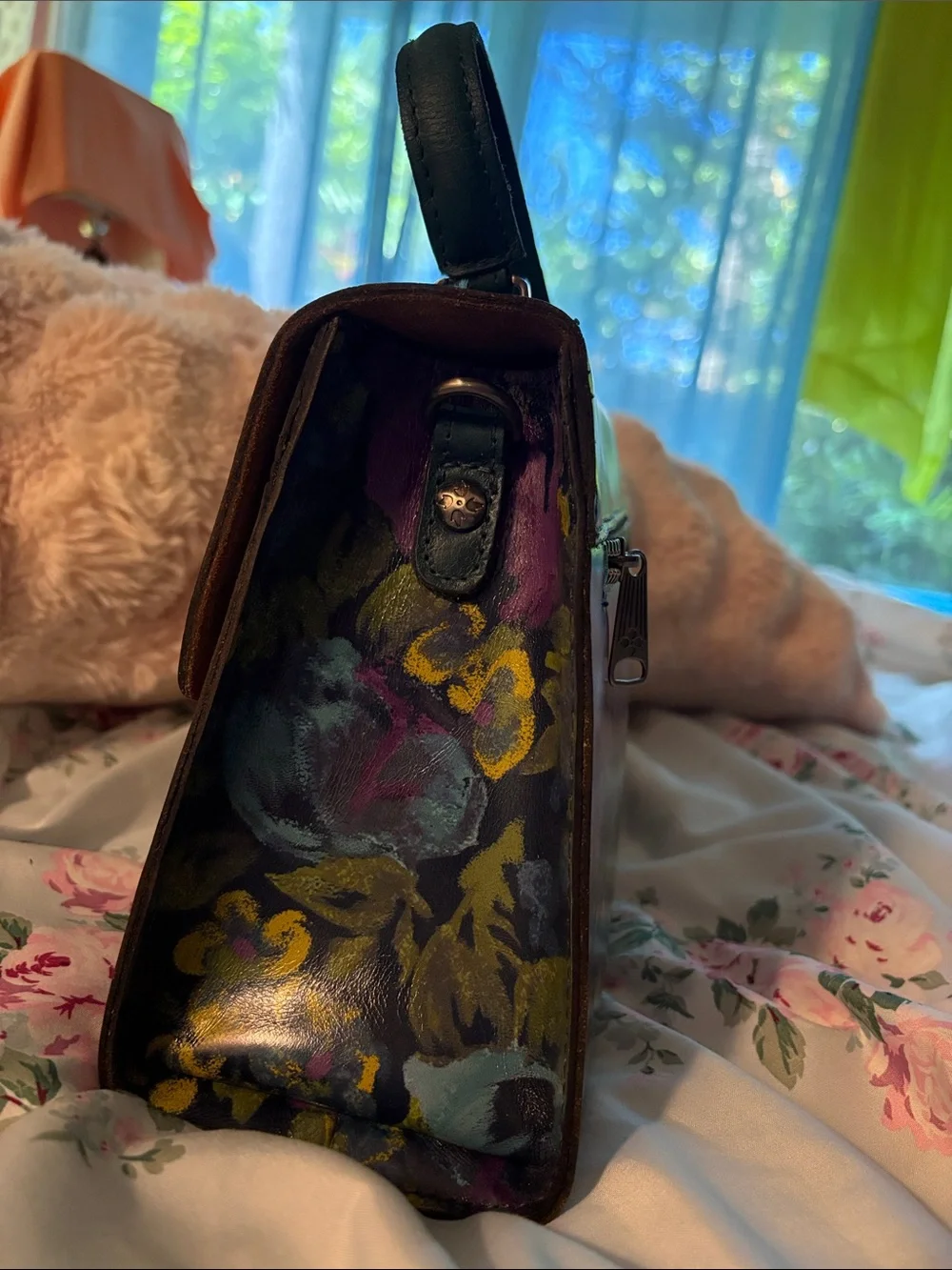 Patricia Nash Floral Painted Leather Top-Handle Bag in Black, Purple, Yellow